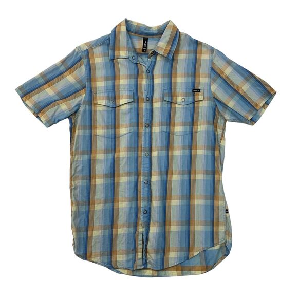 RVCA Shirt Mens S Small Blue Cotton Plaid Snap Button Western Chest Pockets - Picture 1 of 10